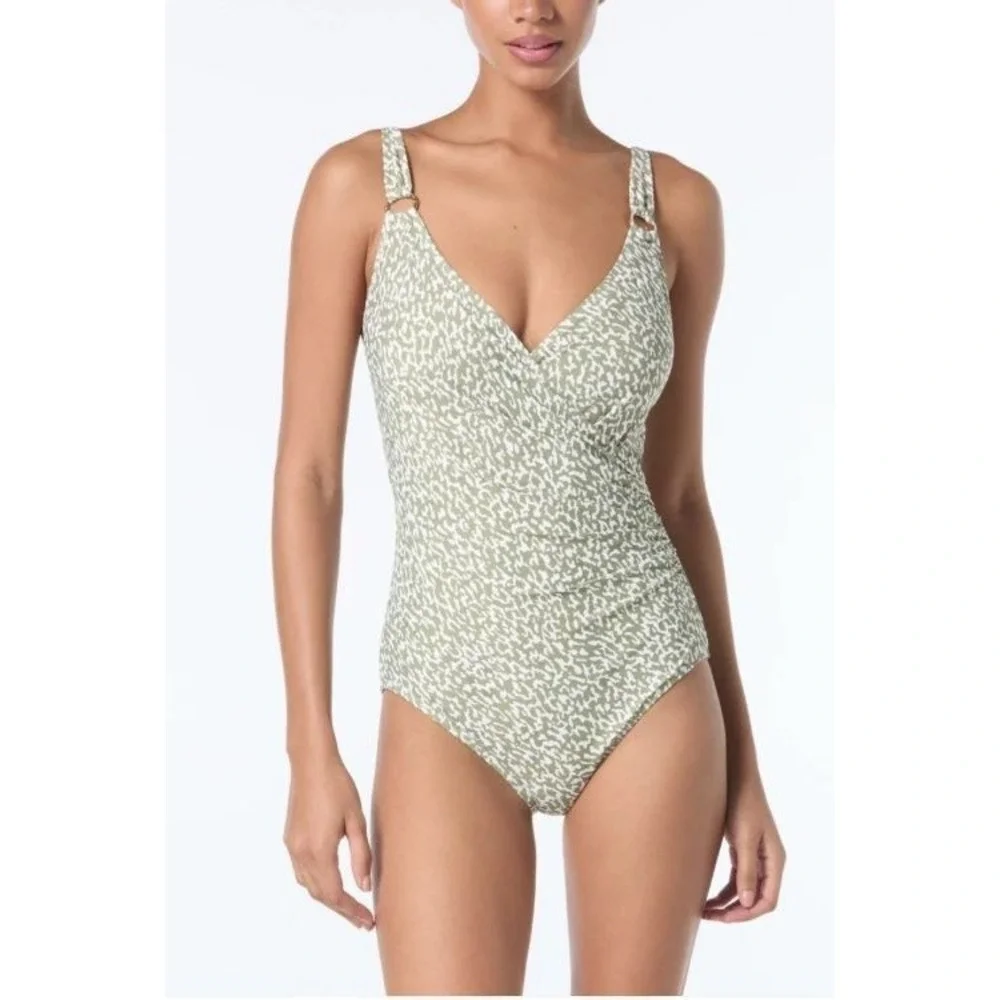 Michael Kors Hazy‎ Cheetah Surplice One-Piece Swimsuit in Safari Green Size 6